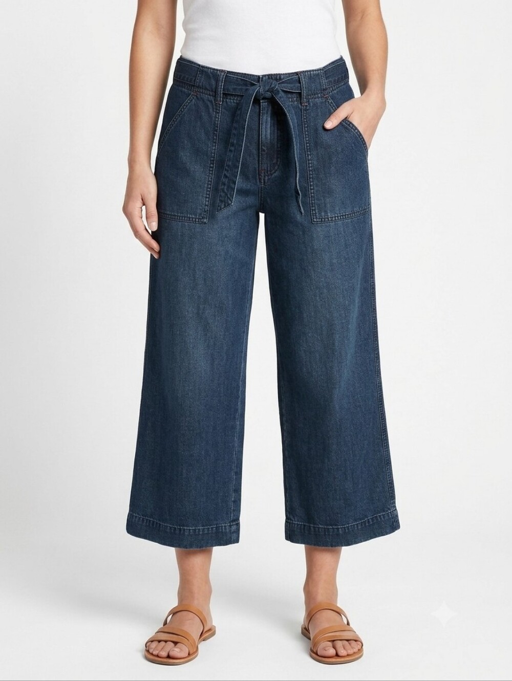 Eddie Bauer Womens Petite 10 Blue Denim Belted Wide Leg Cropped Pants 100%Cotton